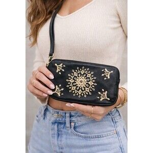 Lucky Brand Leather Black Casbah Embroidered Wristlet, made in India See Pics